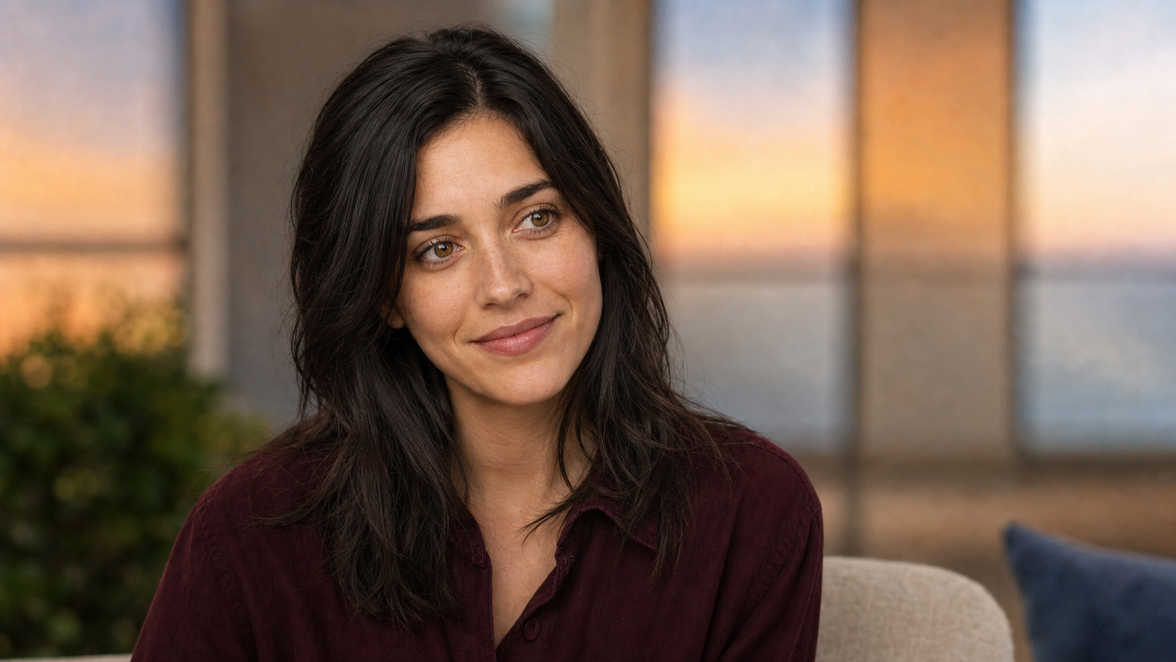 Amélie Berset smiling at the end of the fictional studio interview.