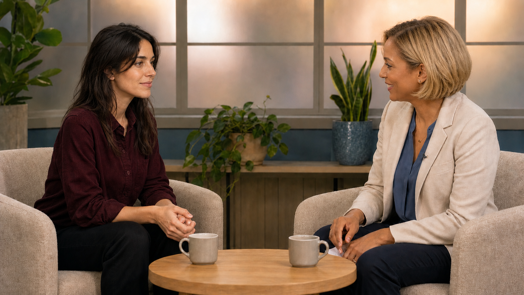 Fictional singer Amélie Berset seated opposite an interviewer in a warm television studio.