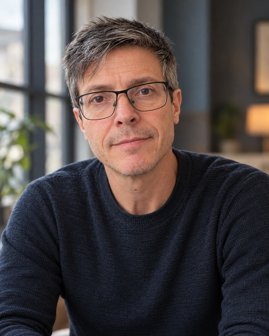 Daniel Stone wearing glasses and a dark knit, looking calmly toward the camera