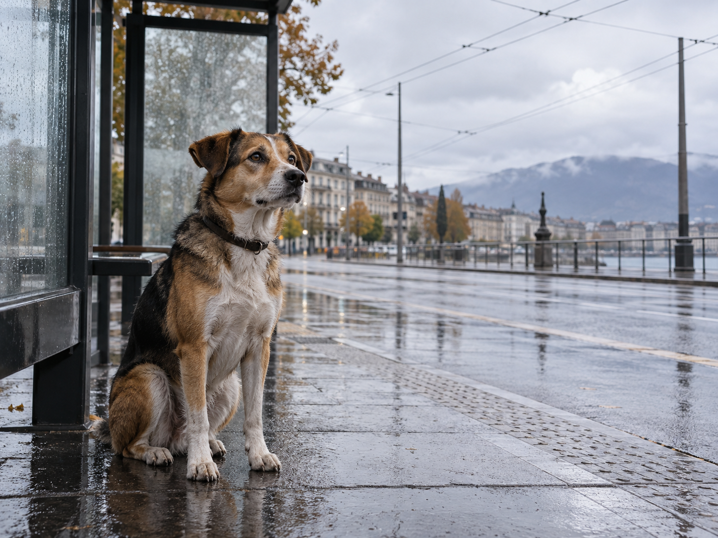 Mixed-breed dog waiting at a rainy Geneva bus stop