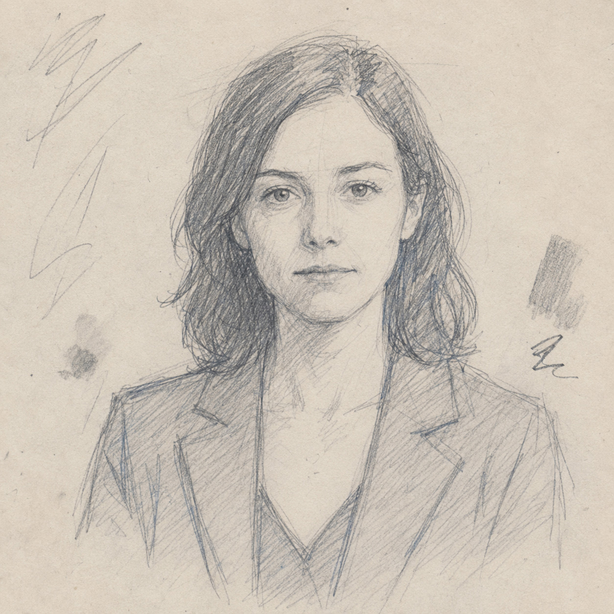 Character sheet sketch of Claire Blanche wearing a long coat.