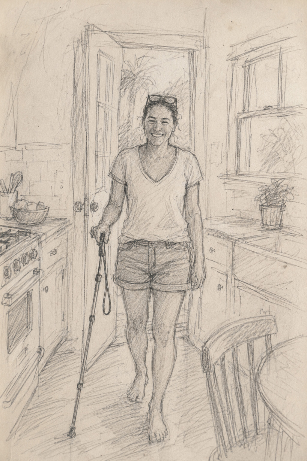 Pencil sketch of Jules standing in a kitchen and smiling.