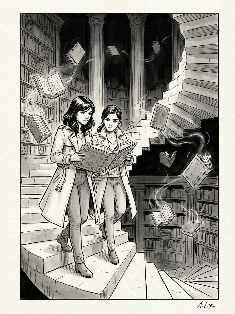 Black and white drawing of two characters in a magical library with floating books.