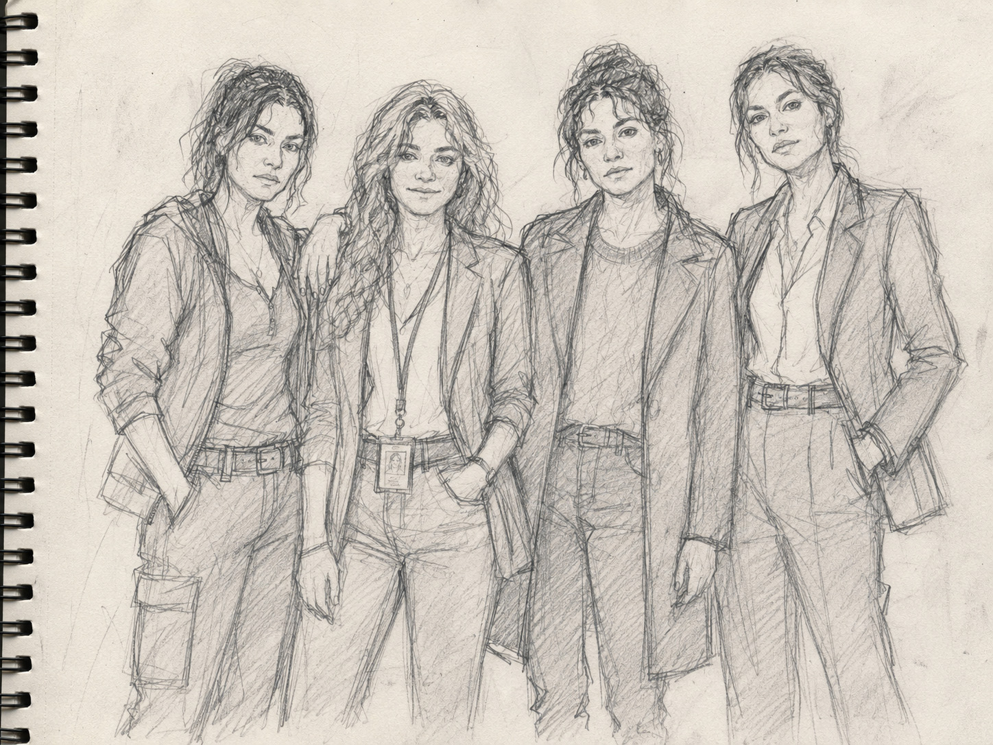 Pencil sketch of four Claire Blanche characters standing together.